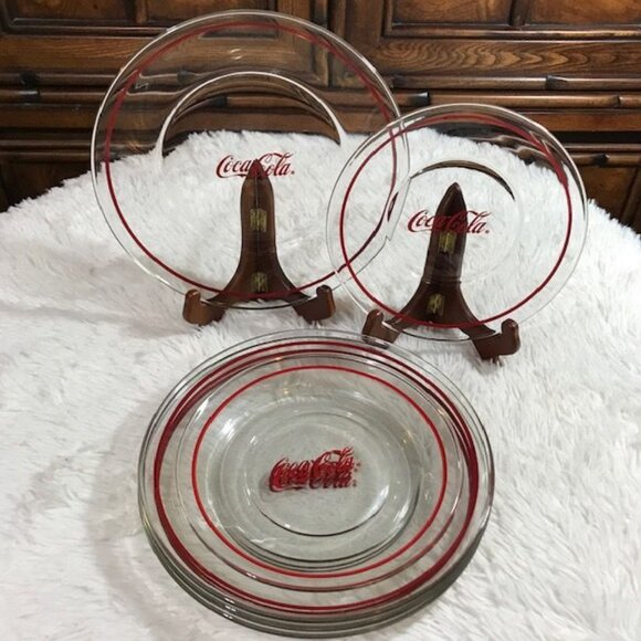 NWOT Set of 6 Vintage Coca-Cola Red Ring Coca-Cola Glass Plates - Picture 2 of 11